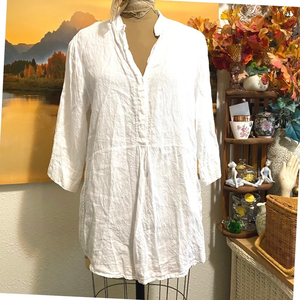 Laura Bianchi Tunic Euro-Summer Coastal Granny 100% Linen Shirt Women L White